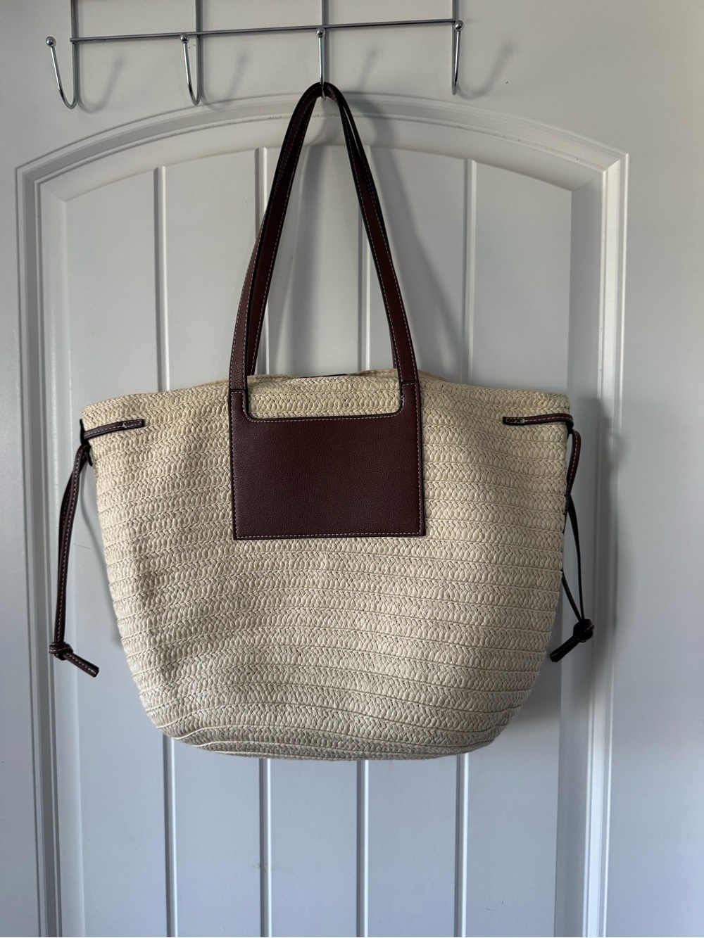 Woven Straw Raffia Tote Bag with Brown Leather Accents